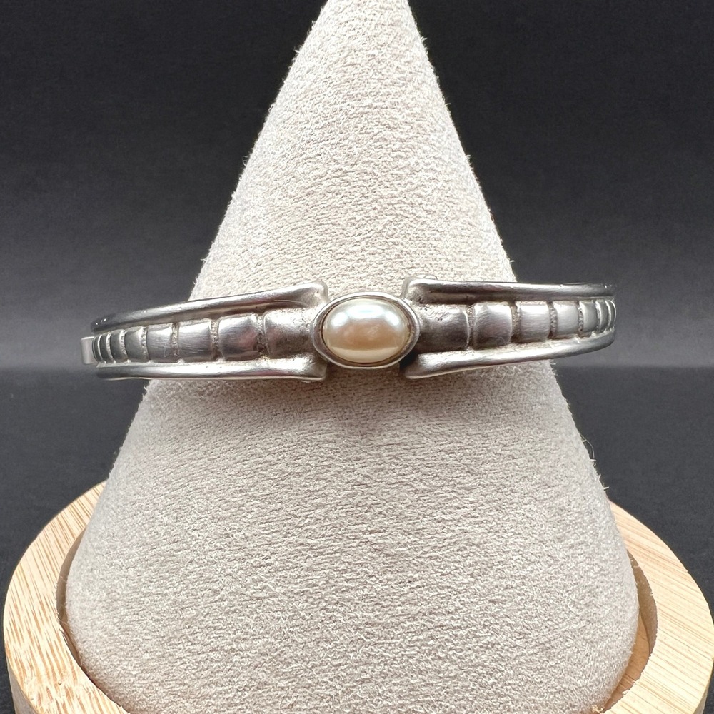 VTG Faux Pearl Bangle Bracelet Silver Tone Hinged Textured Scrollwork Art Deco
